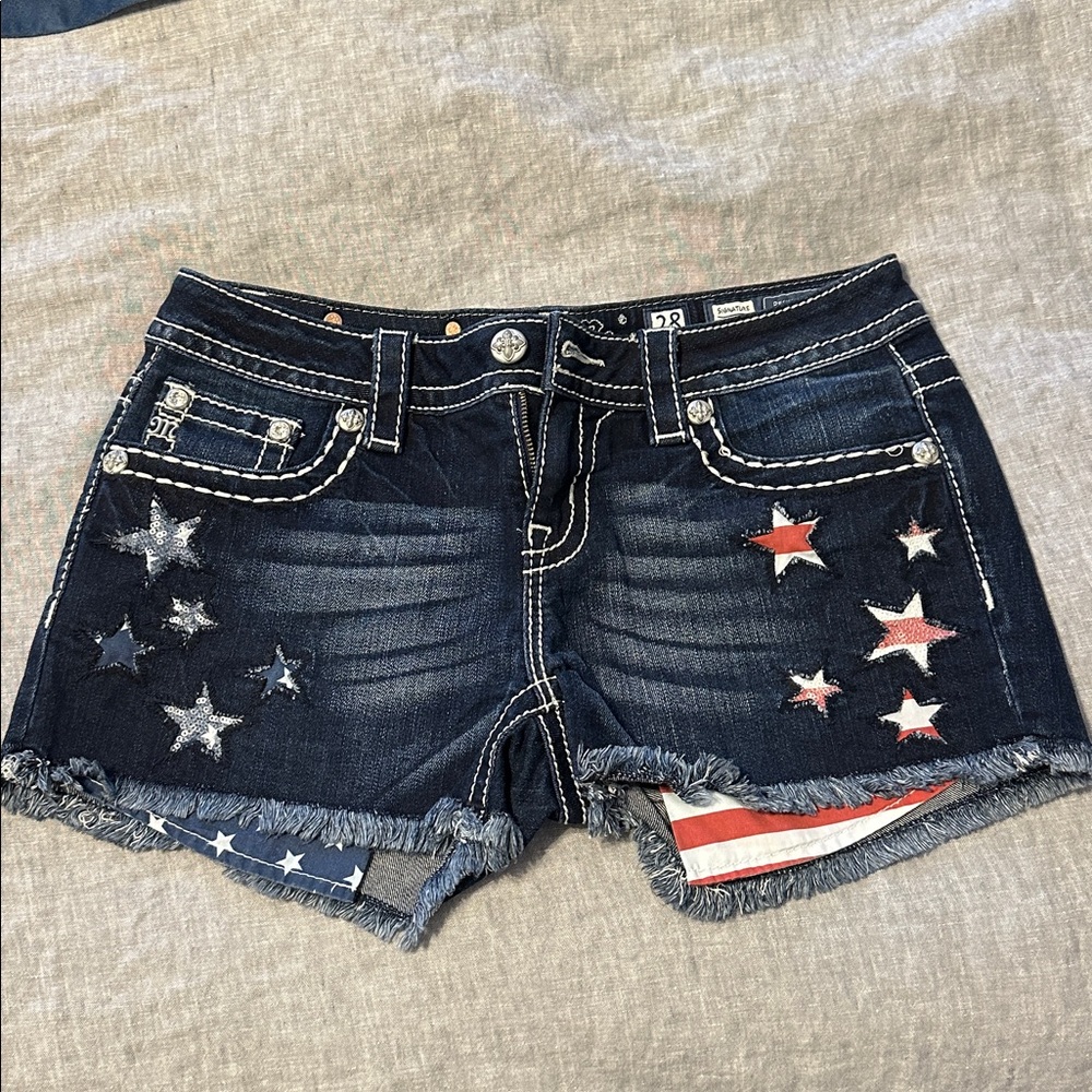 Miss Me Signature Denim Shorts with Red and White Details
